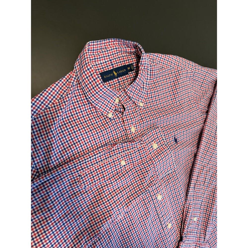 Ralph Lauren Mens Medium Button-Down Shirt Red Blue Gingham Check Long Sleeve